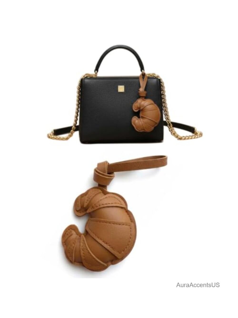 Croissant Bag Charm PU Leather with Lanyard Keychain Handbag Purse Accessory